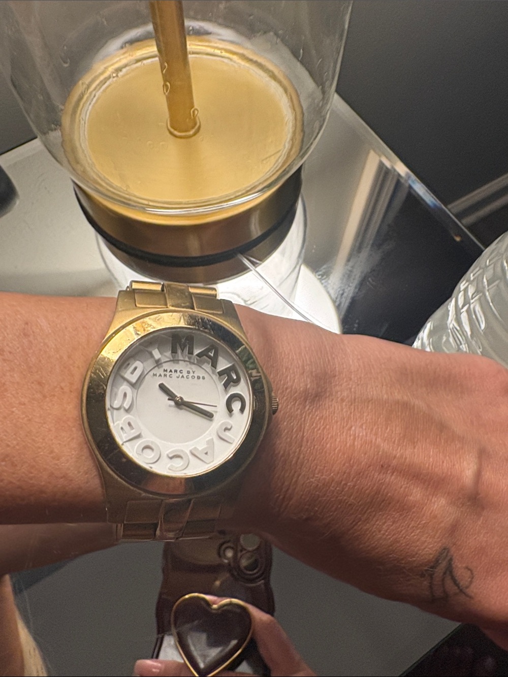 Marc Jacobs Gold and White Logo Bezel Watch Bracelet